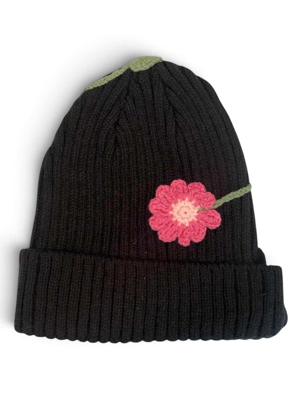 Black Knit Beanie with Pink Flower